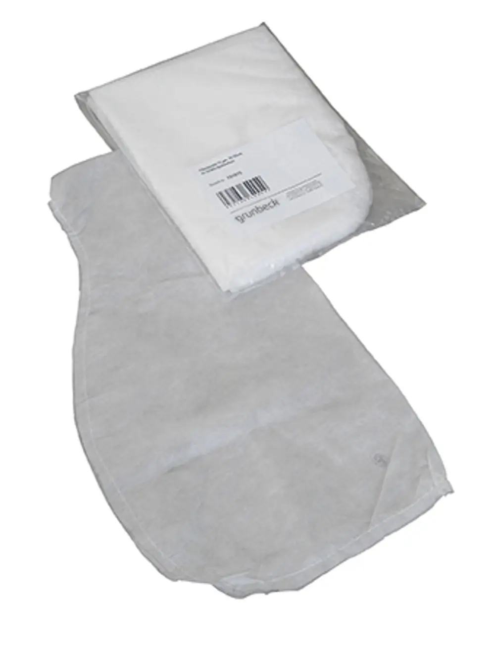 Filterbeutel von Grünbeck in beige, einzeln verpackt, liegend. Im Bild sind mehrere Beutel zu sehen, deren Form auf einen Einsatz in einer Spülstation hinweist.